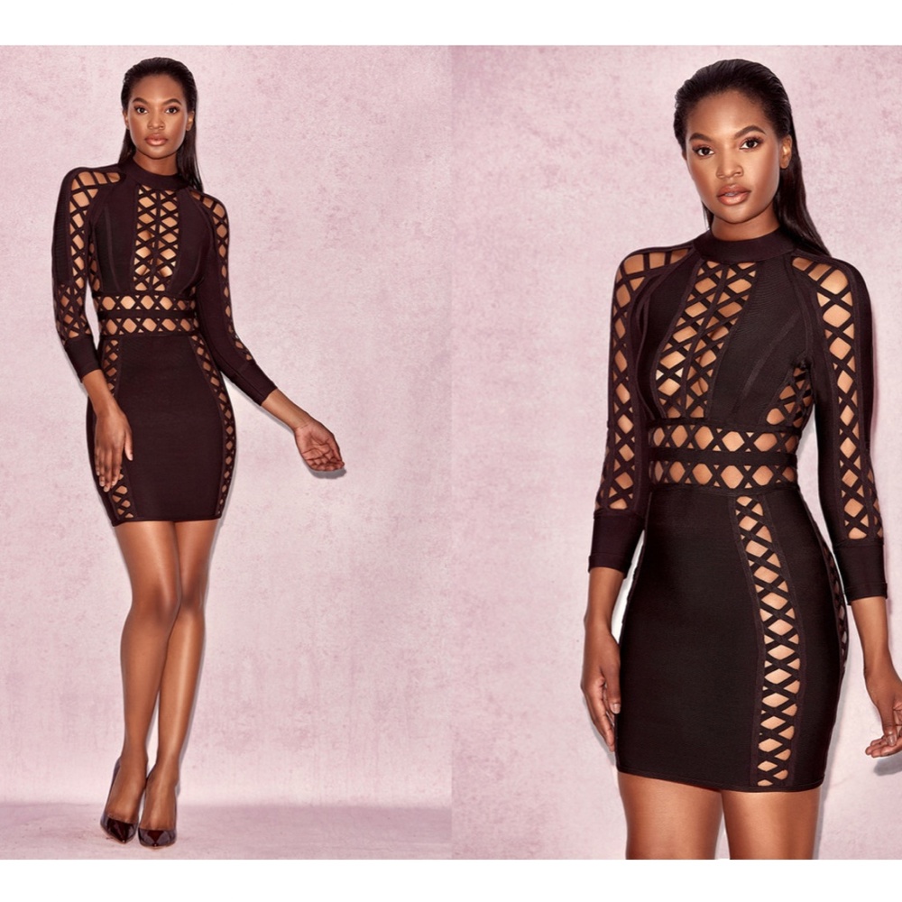 House of CB Black Lattice-Panel Long Sleeve Mini Dress